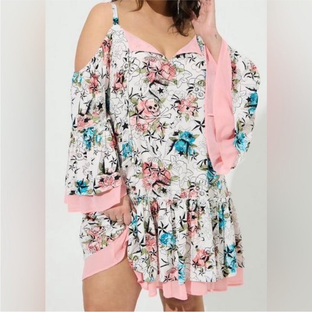 TORRID x BETSEY JOHNSON COLD SHOULDER SKULL & FLORAL PUNK ROCKER DRESS - Picture 2 of 6